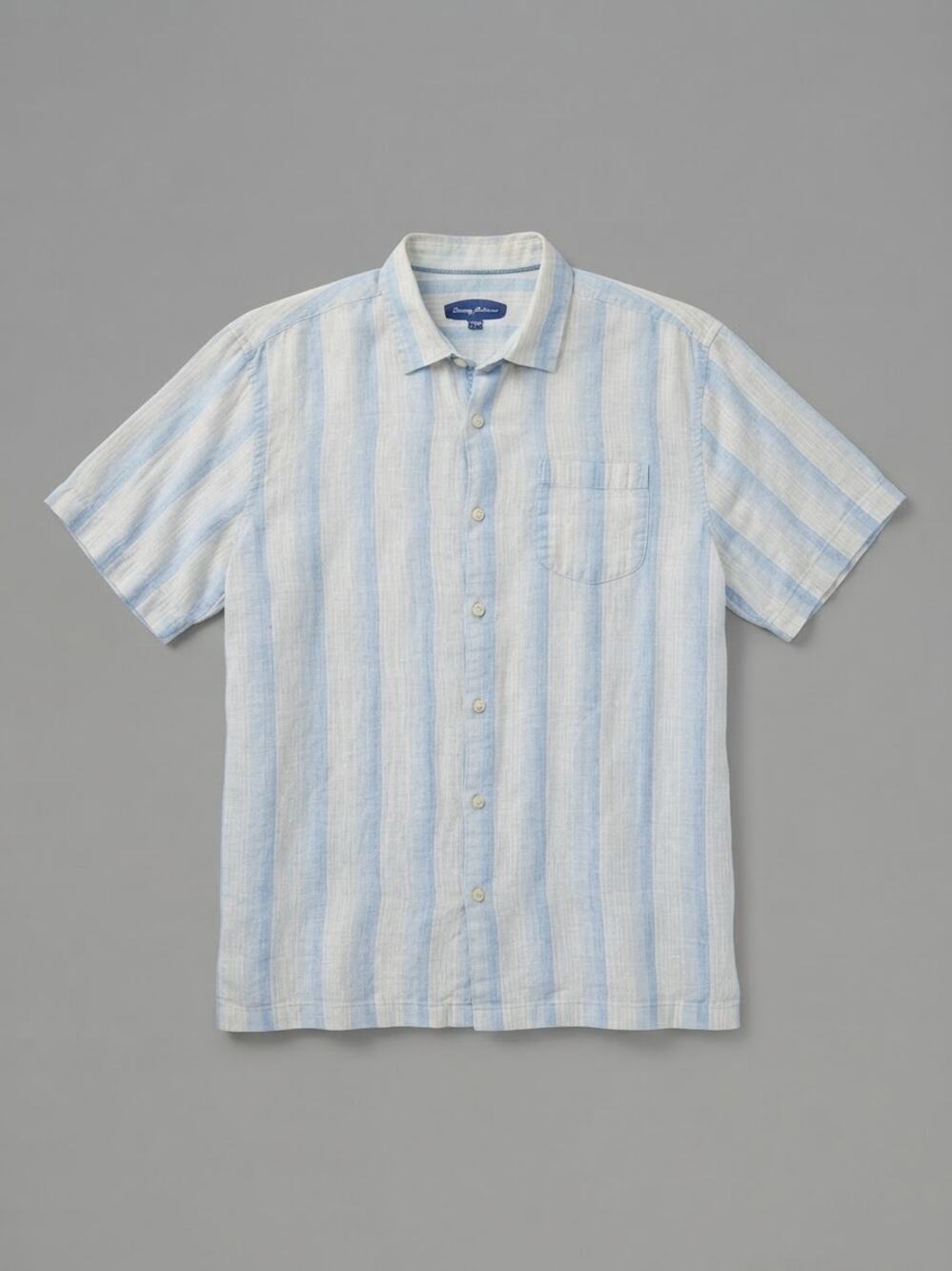Tommy Bahama Linen Shirt Men Size L Blue White Striped Short Sleeve Casual Top